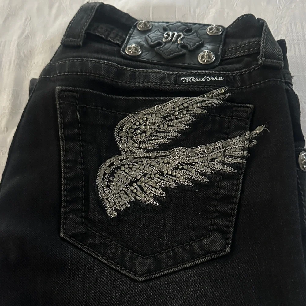 Tate Miss Me Black Denim with Silver Embellished Wings. Like new - Picture 1 of 5
